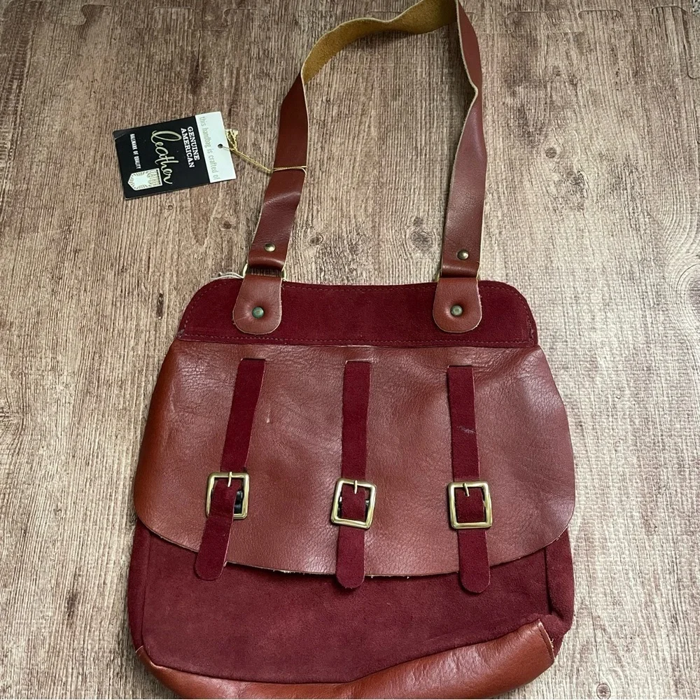 Deadstock Vintage 70s Maroon Leather & Suede Buckle Front Shoulder Purse